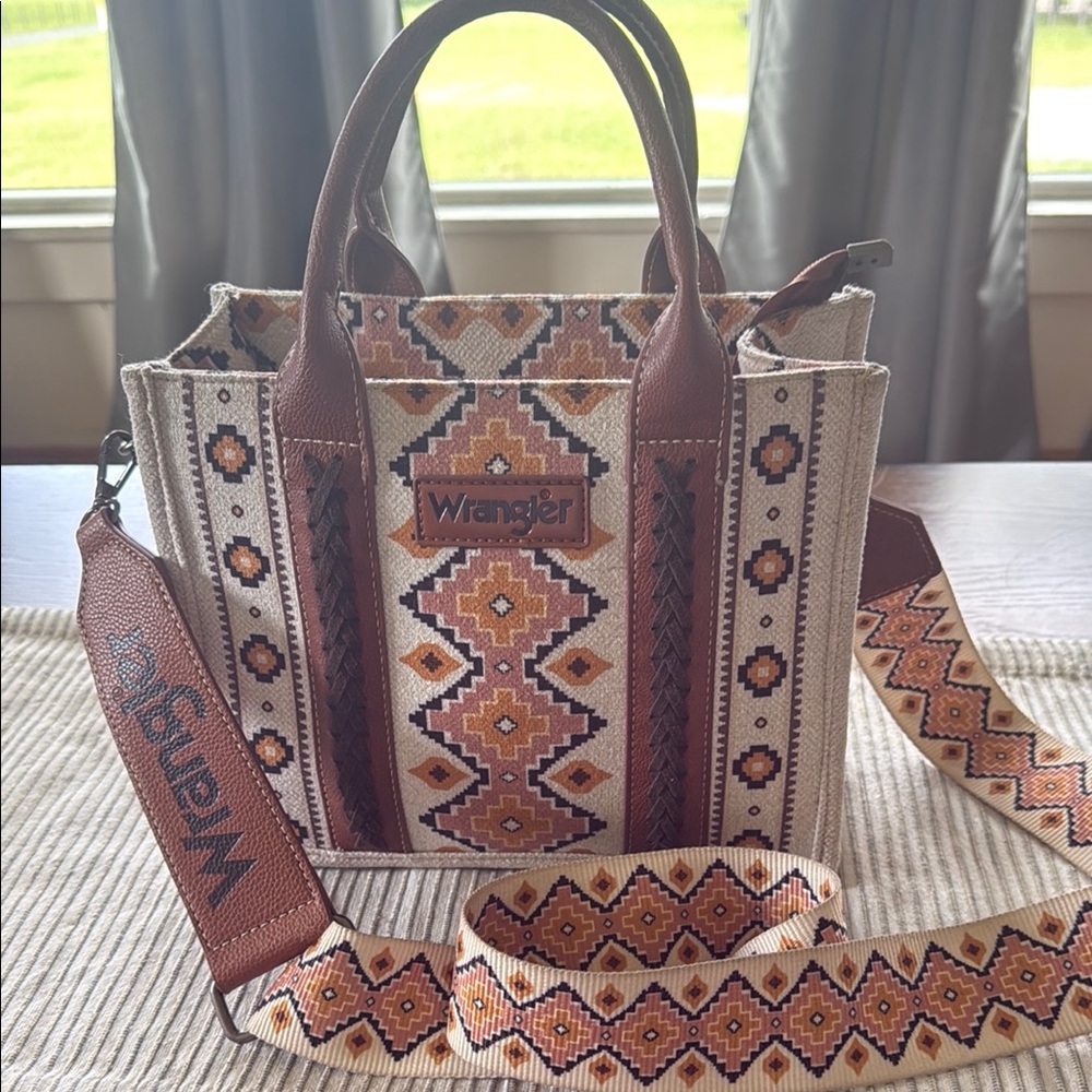Wrangler Brown and Cream Geometric Tote Bag